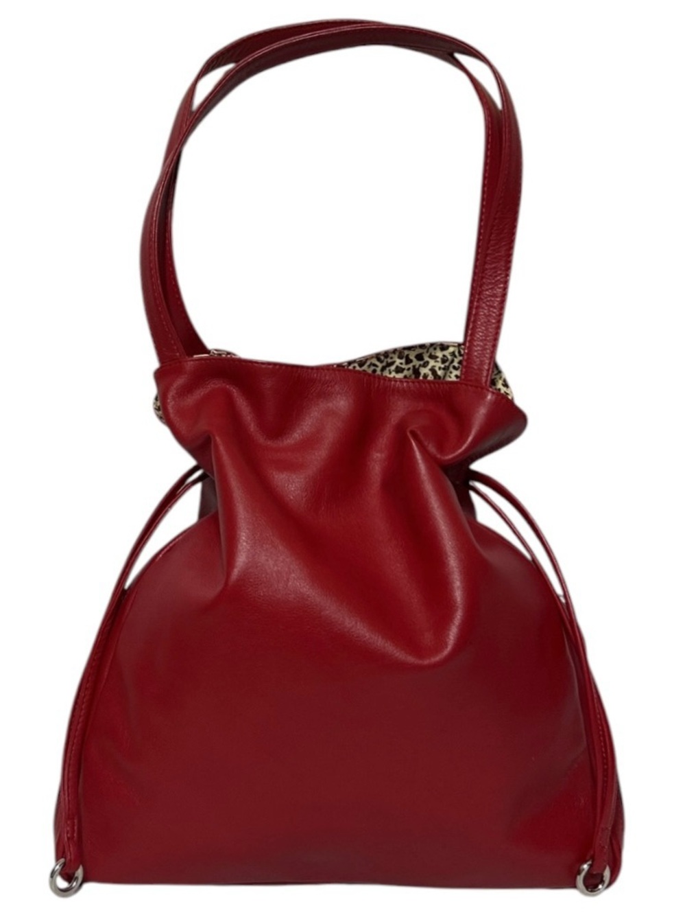 ILI New York Drawstring Tote Red Smooth Leather Shoulder Bag Handbag Purse